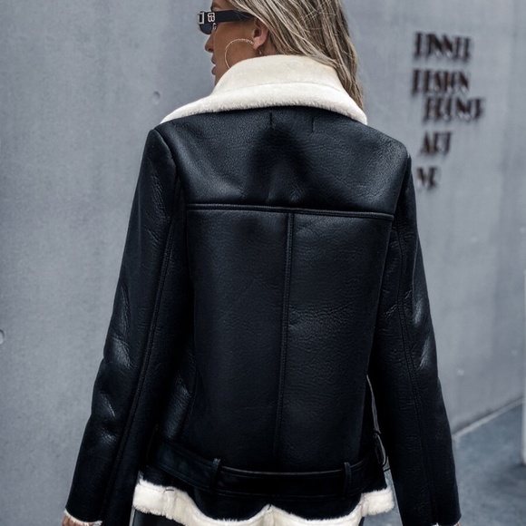 black shearling lined biker moto leather jacket - Picture 4 of 6